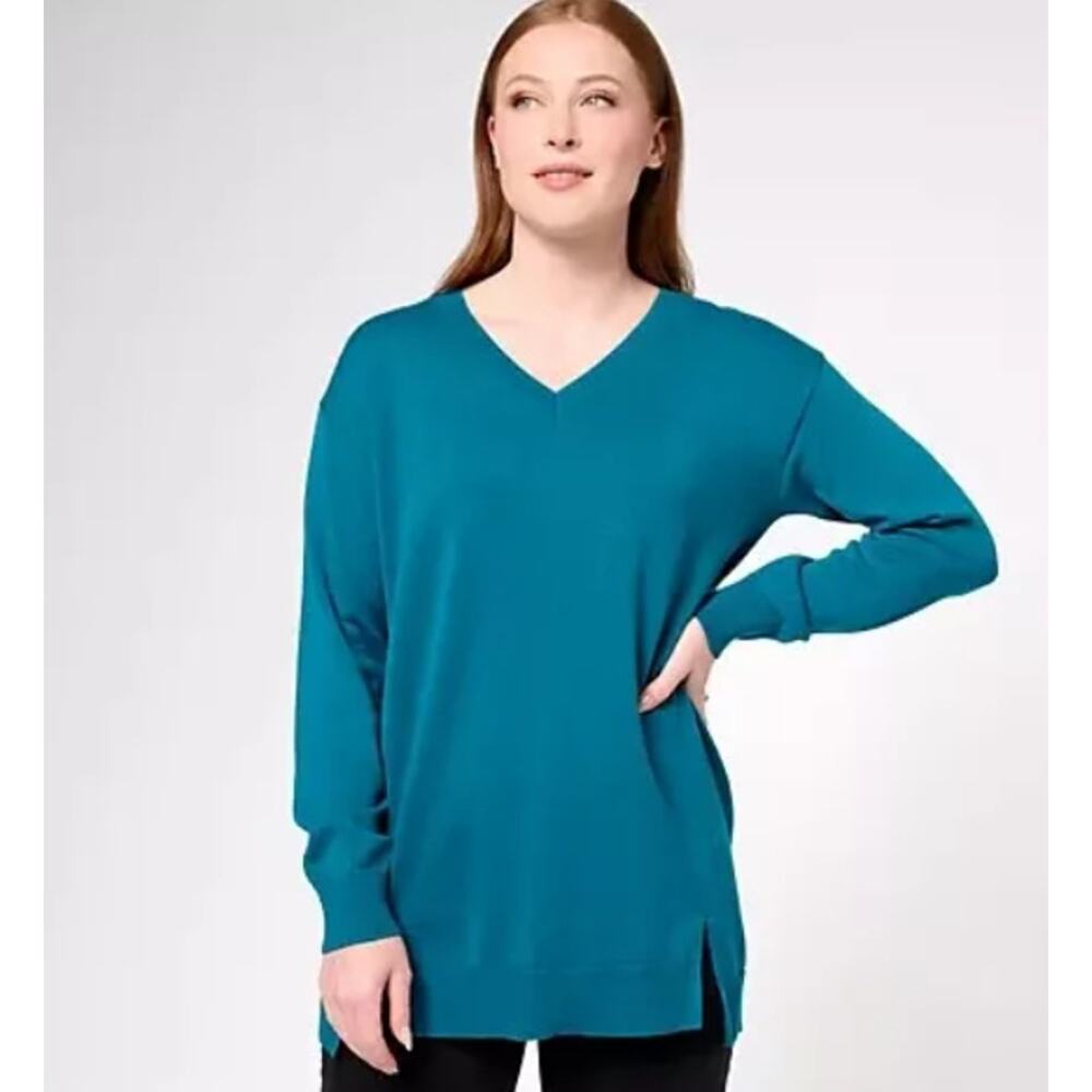 Girl with Curves French Terry V-Neck Long Sleeve Sweater Women Size 2XL Blue